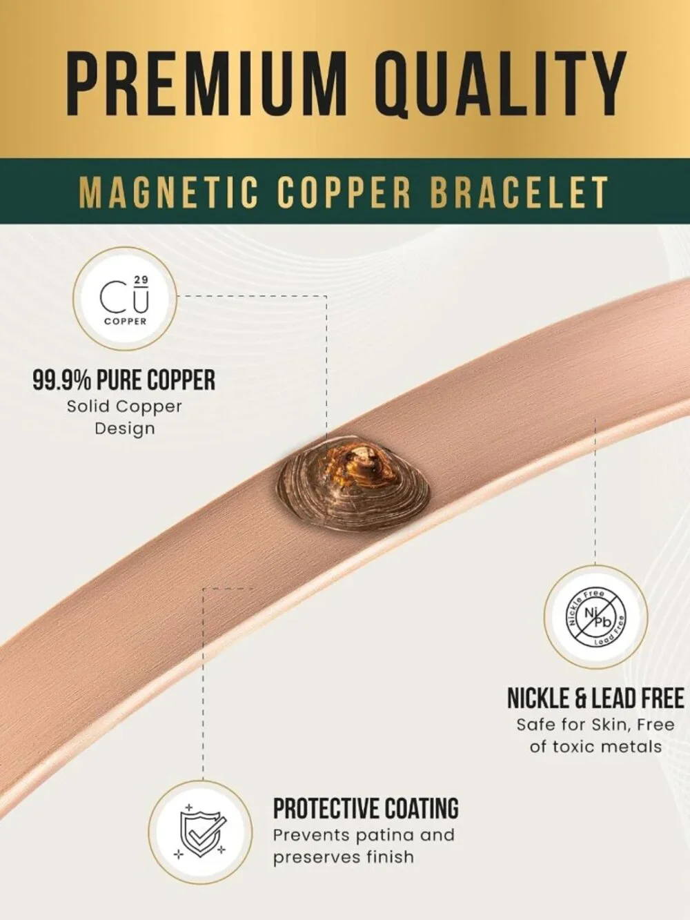 Magnetic Copper Bracelet for Men & Women - Adjustable Cuff Bangle, Medium Size